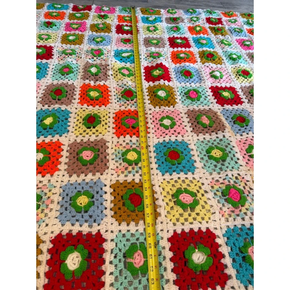 Crochet Granny Square Blanket Quilt Floral Retro Afghan Rainbow Throw Handmade